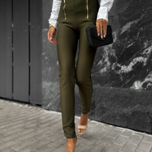 Khaki elegantní kalhoty KIWENIS se zipy Velikost: L