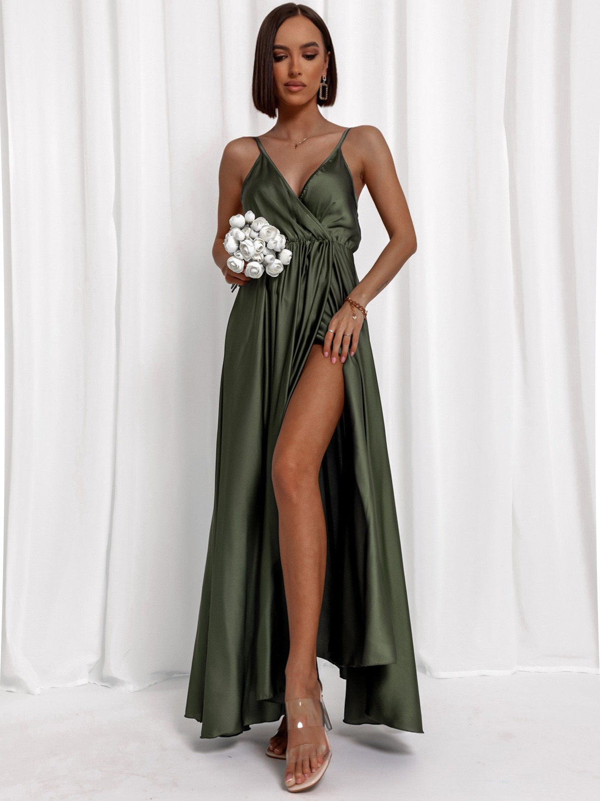 Khaki lesklé šaty PERFECTLY - Obrázek 3