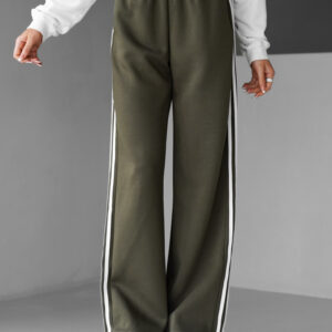 Khaki široké stylové tepláky EDALLA s pruhy Velikost: ONESIZE