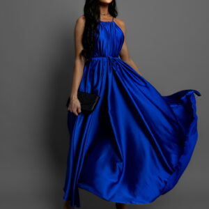 Královsky modré dlouhé lesklé elegantní šaty MADES se zavazováním Velikost: ONESIZE