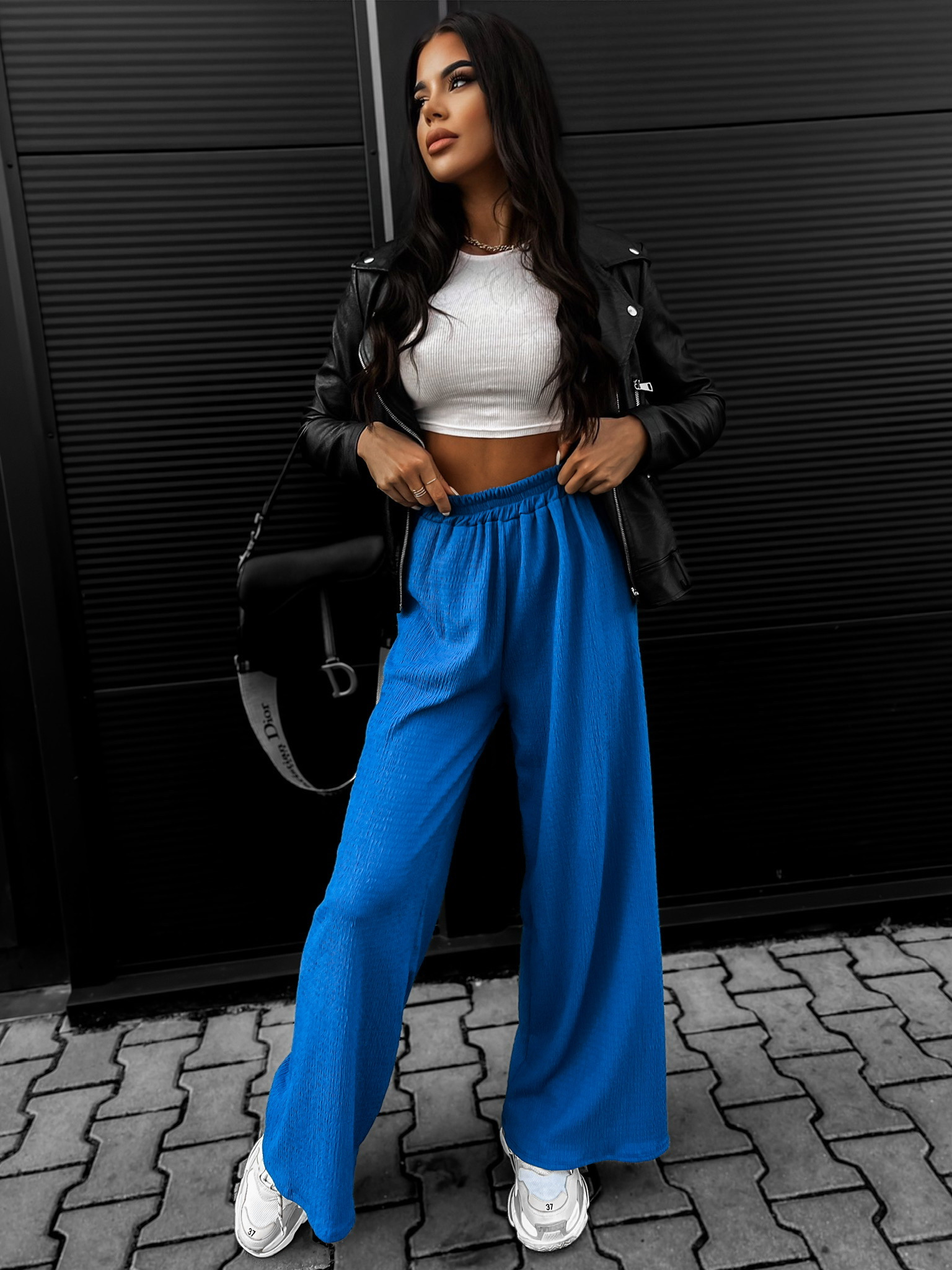 Královsky modré elegantní kalhoty STAYSY s rozšířenými nohavicemi - Obrázek 2