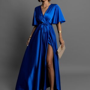 Královsky modré saténové dlouhé šaty GO HOME s krátkým rukávem Velikost: ONESIZE