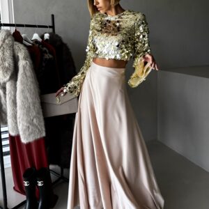 Krémová dlouhá zavinovací saténová sukně DENISSE na zavazání Velikost: ONESIZE