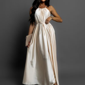 Krémové dlouhé lesklé elegantní šaty MADES Velikost: ONESIZE