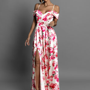 Krémové dlouhé saténové květinové šaty MAXWELL Velikost: ONESIZE