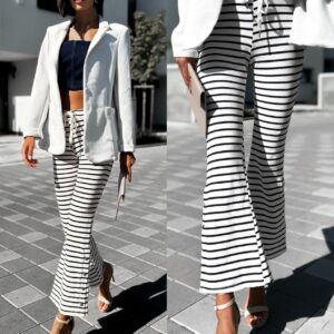 Krémové elegantní kalhoty ELEME s pruhy Velikost: S