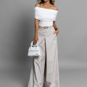 Krémové elegantní široké kalhoty CATERINA s páskem Velikost: L