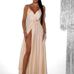 Krémové saténové dlouhé šaty FAIRYTALE s výstřihem Velikost: ONESIZE