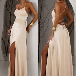 Krémové saténové dlouhé šaty SIMUEL se šněrováním Velikost: ONESIZE