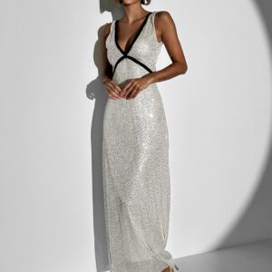 Krémové večerní flitrované dlouhé šaty FENELLA Velikost: ONESIZE