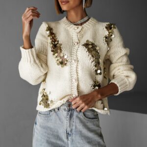 Krémový třpytivý svetr RAKAS s flitry Velikost: ONESIZE