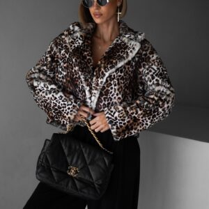 Leopardí faux fur kožešinový krátký kabátek NIALLY Velikost: ONESIZE