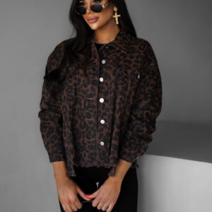 Leopardí hnědá krátká džínová bunda KEIRYT Velikost: ONESIZE