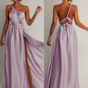 Levandulové saténové šaty VALERDI s variabilním vázáním a rozparkem