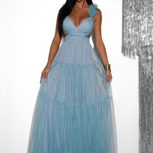 Mentolové tylové plesové šaty NALASI s průstřihy Velikost: L