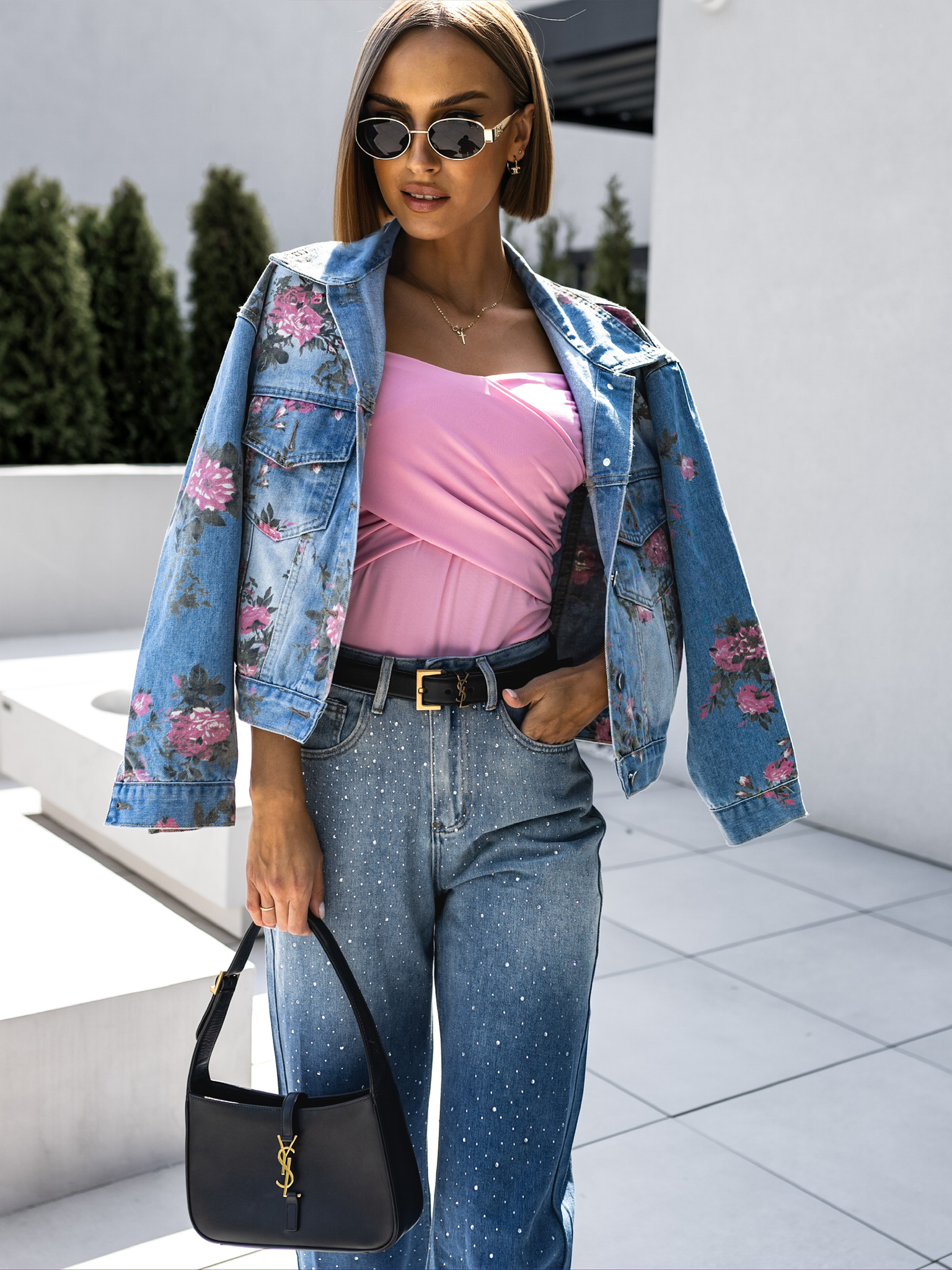 Modrá květovaná džínová bunda OWEN Velikost: ONESIZE - Obrázek 3