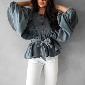 Modrá luxusní džínová halenka CHIMELY s páskem Velikost: ONESIZE