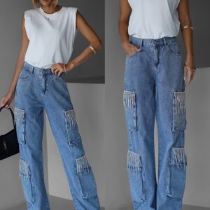 Modré cargo wide leg džíny VOLKMAR s kamínky Velikost: ONESIZE