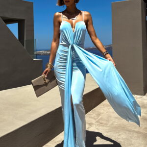 Modré dlouhé elegantní šaty DIMIS s výstřihem Velikost: ONESIZE