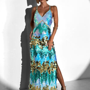 Modré dlouhé třpytivé šaty ROUTERY s flitry Velikost: L