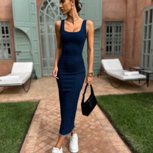 Modré džínové dlouhé upnuté šaty TETHYS Velikost: S