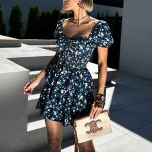 Modré krátké květinové šaty CORNEL s volánky Velikost: ONESIZE