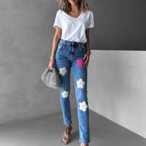 Modré skinny úzké elastické džíny TALIEN s květinami Velikost: S