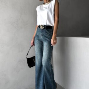 Modré stylové džíny CALUME do zvonu Velikost: L