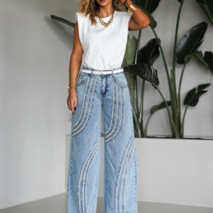 Modré stylové široké wide leg džíny TRINHA s perličkami Velikost: L