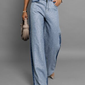 Modré třpytivé široké wide leg džíny FEROS s kamínky Velikost: M