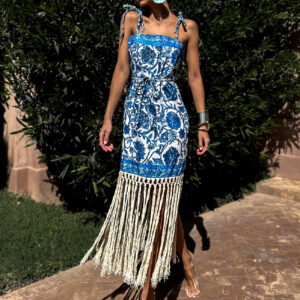 Modré vzorované letní šaty ERLENDAS s třásněmi Velikost: M/L