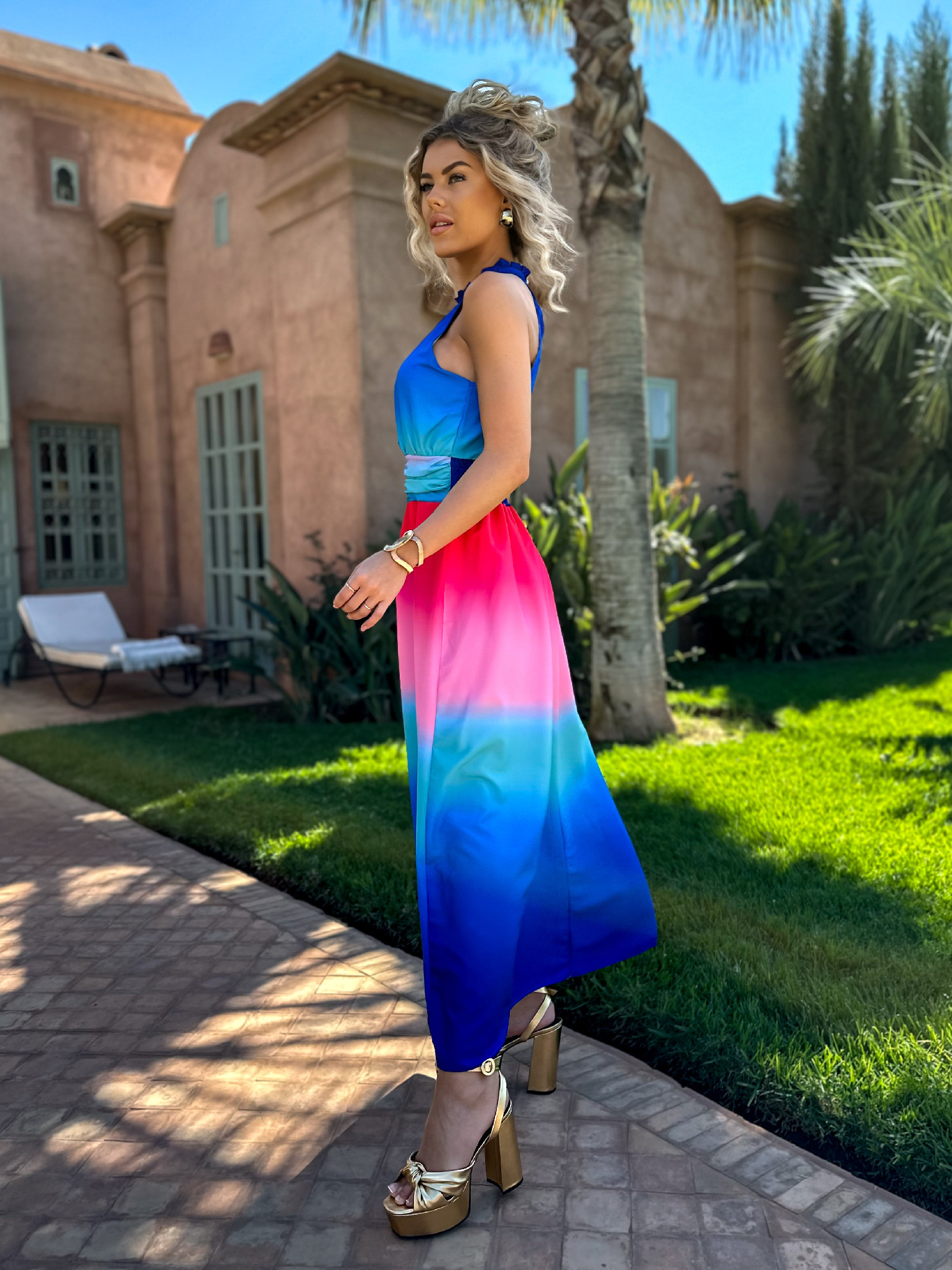 Modrorůžové dlouhé duhové elegantní šaty ANYAS Velikost: ONESIZE - Obrázek 3