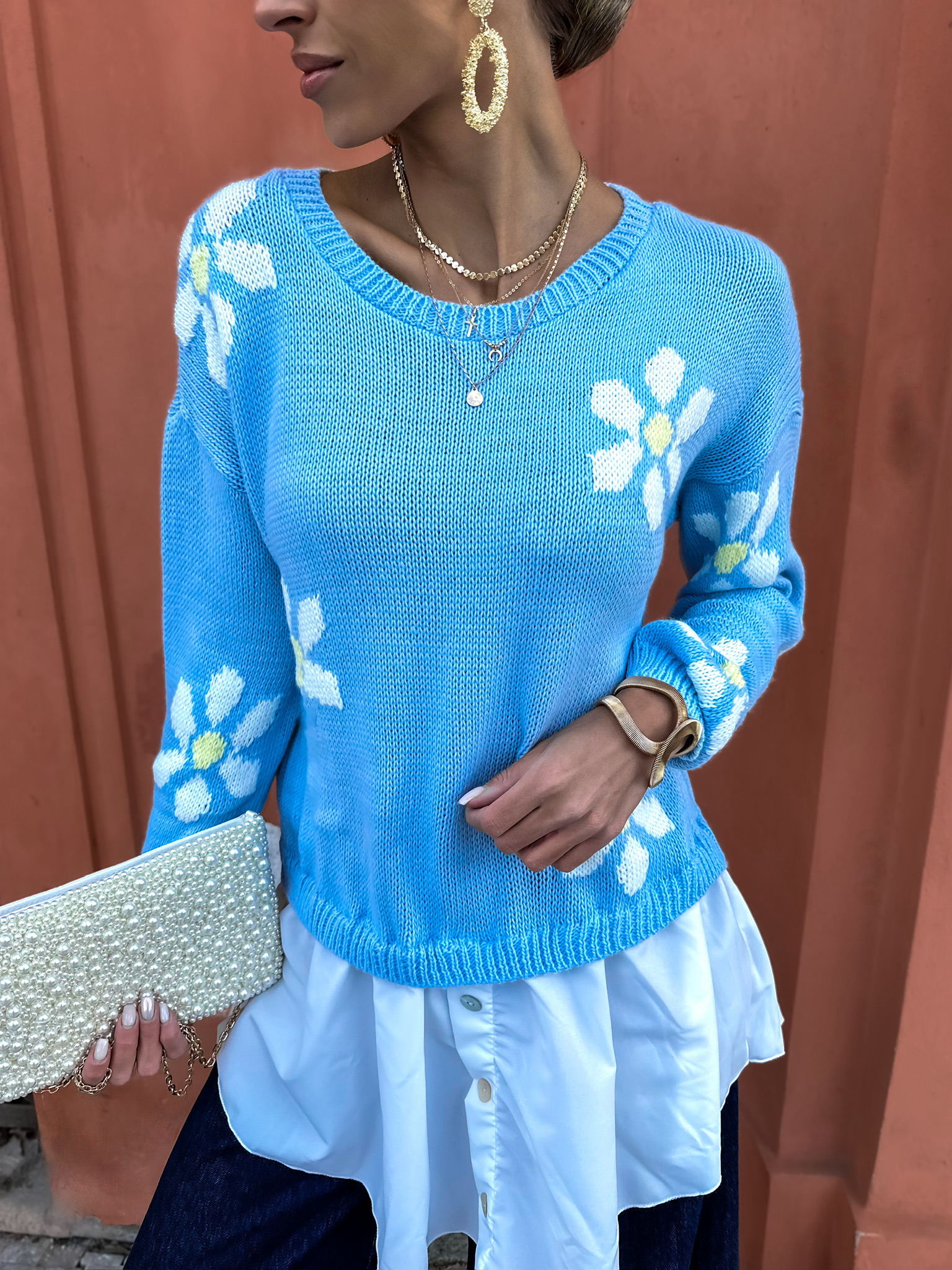 Modrý květinový svetřík se spodničkou PAULINA Velikost: ONESIZE - Obrázek 3