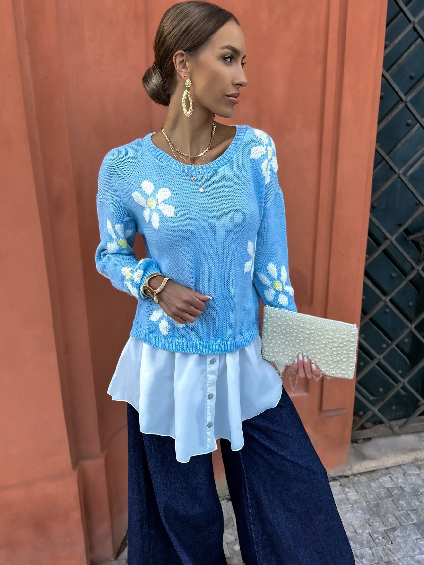 Modrý květinový svetřík se spodničkou PAULINA Velikost: ONESIZE