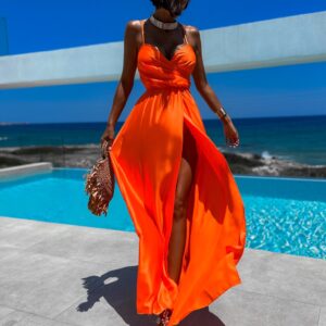 Neon oranžové elegantní šaty PATILLA s rozparkem Velikost: ONESIZE