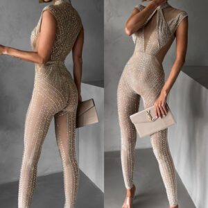 Nude luxusní třpytivý overal BARABIT s kamínky Velikost: L