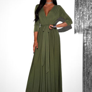 Olivové dlouhé společenské šaty JOELLIAN s dlouhým rukávem Velikost: ONESIZE