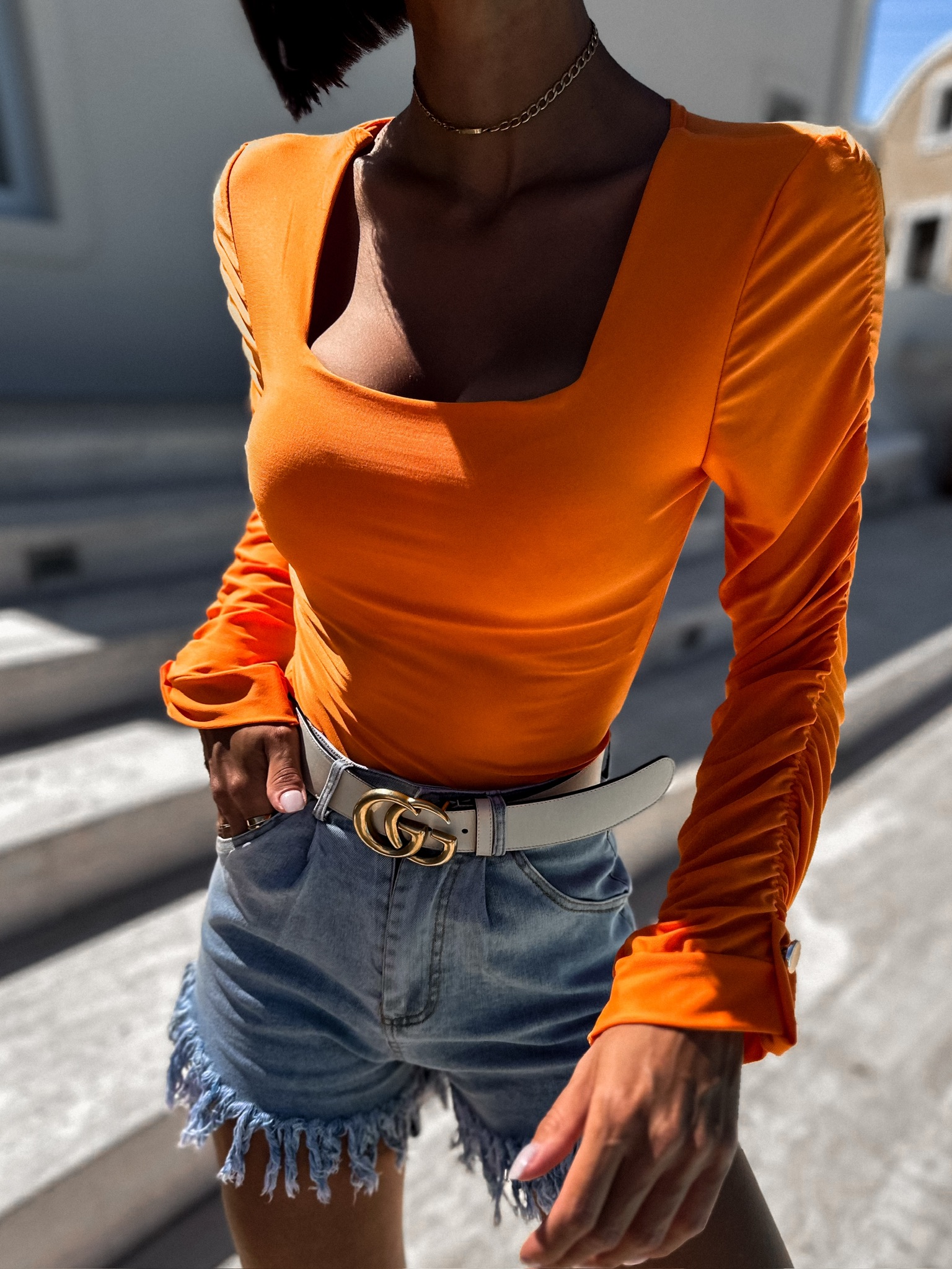 Oranžové elegantní body RIGOLDE s řasením Velikost: ONESIZE - Obrázek 2