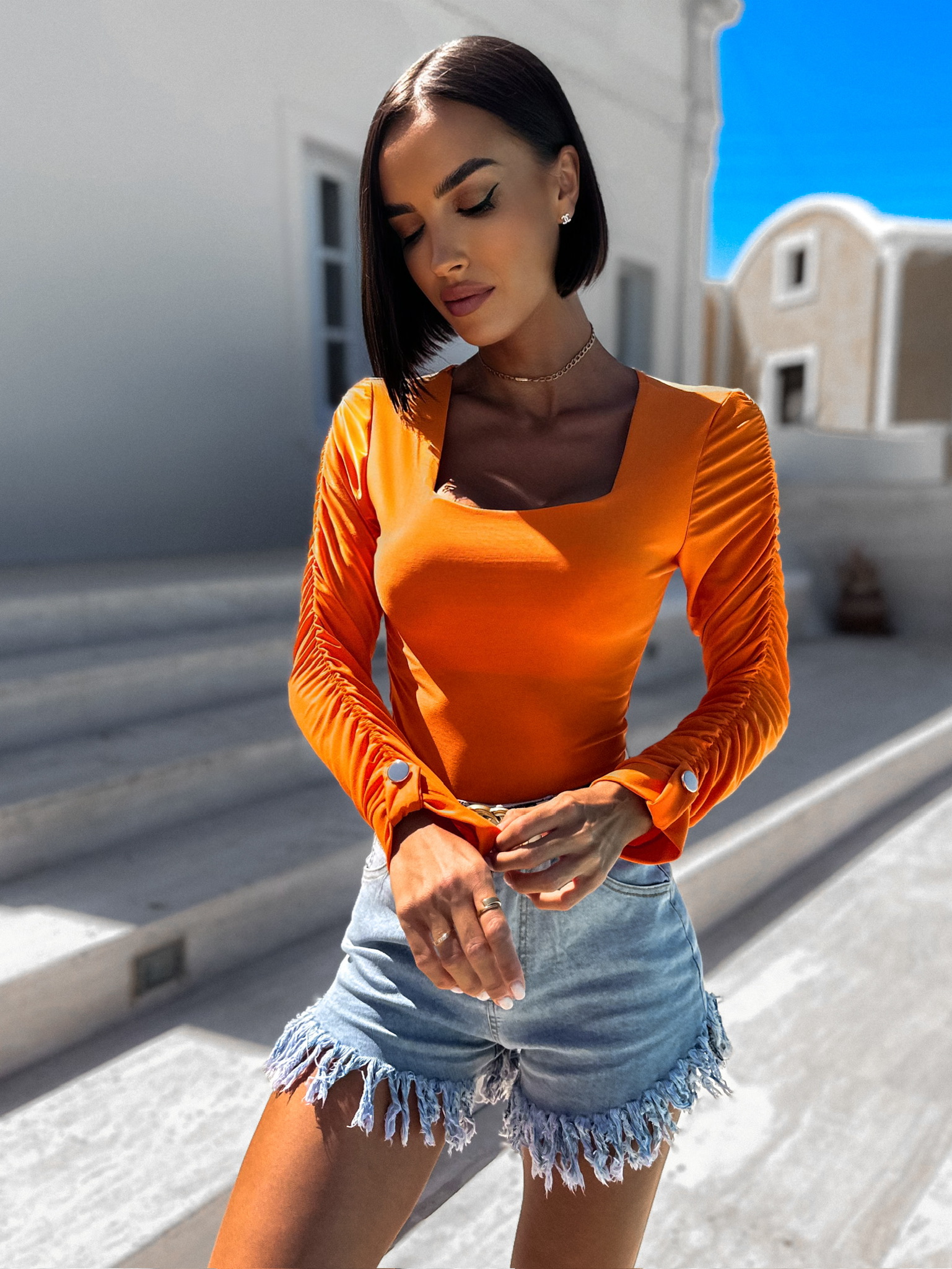 Oranžové elegantní body RIGOLDE s řasením Velikost: ONESIZE - Obrázek 3