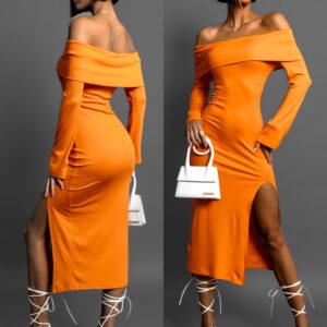 Oranžové strečové šaty KOANTES s rozparkem Velikost: M/L