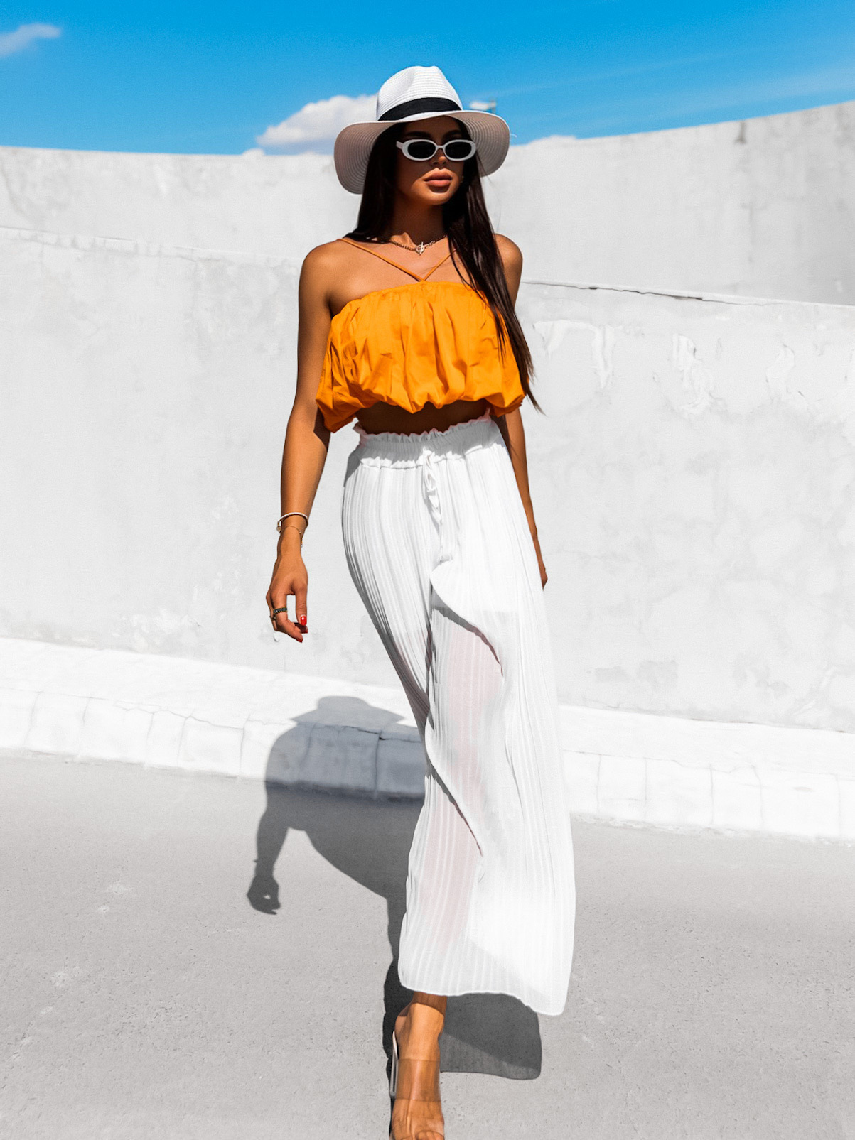 Oranžový řasený crop top MONTEREY - Obrázek 2