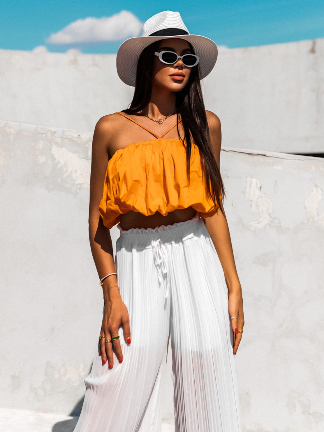 Oranžový řasený crop top MONTEREY - Obrázek 3