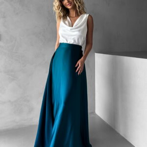 Petrolejová dlouhá zavinovací saténová sukně DENISSE Velikost: ONESIZE