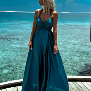 Petrolejové dlouhé šaty VALERDI s variabilním vázáním a rozparkem Velikost: ONESIZE