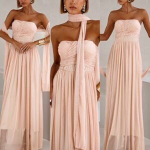 Pudrové tylové společenské šaty BOLEMIR s vlečkou Velikost: ONESIZE