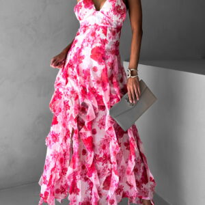 Růžové dlouhé květinové šaty PARASY s volány Velikost: ONESIZE