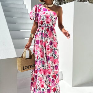 Růžové dlouhé květované šaty TEODOZ na jedno rameno Velikost: ONESIZE