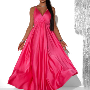 Růžové dlouhé saténové šaty PERFECTLY s výstřihem