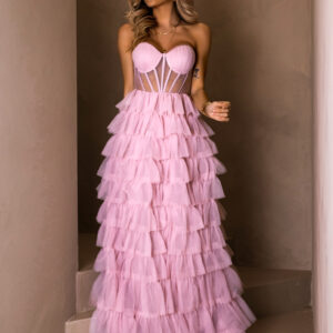 Růžové tylové plesové šaty ARIADNA s volánky Velikost: L
