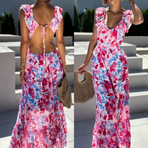 Růžové zeštíhlující dlouhé šaty SIGRID s volánky Velikost: ONESIZE